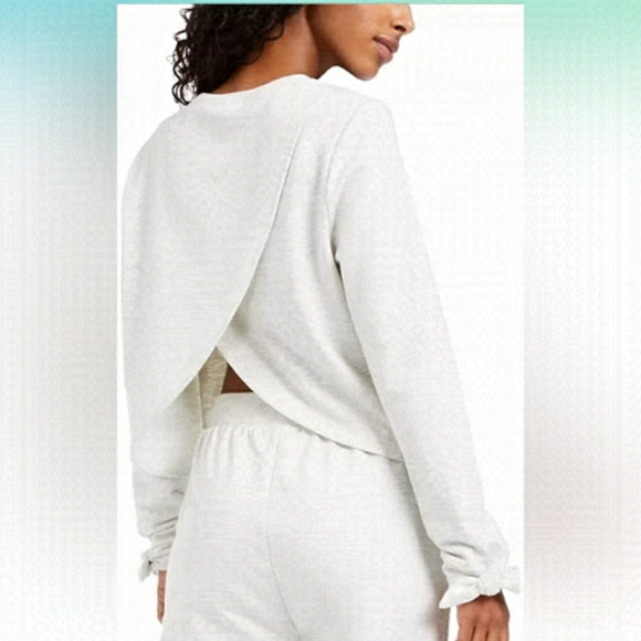 Nwt Miken Swim Envelope-Back Bow-Cuff Cover-Up Sweatshirt Light Heather Grey - M - Picture 2 of 7